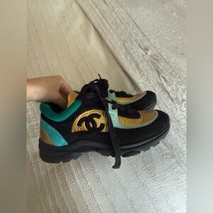 Chanel Size 5 Black & Gold With Blue Sneakers.  💛⚡️